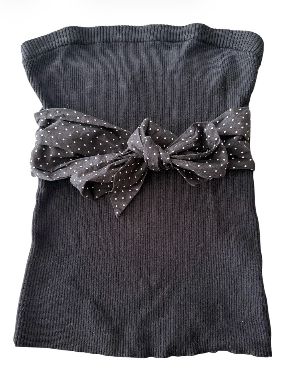 Vintage Y2K Guess Black Ribbed Strapless Tube Top with Polka Dot Tie Waist Bow M